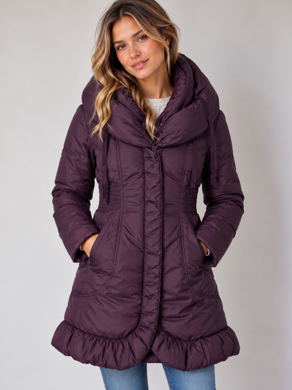 Tahari Purple Ruffle Puffer Jacket XS Hooded Longline Winter Coat Feminine